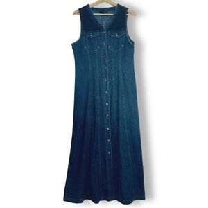 Carole Little Sport 90s Vintage Denim Botton-Front Sleeveless Denim Maxi Dress